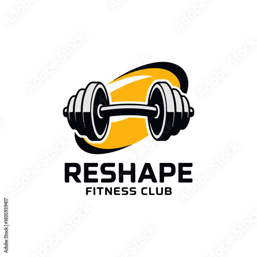 A logo featuring a dumbbell with "RESHAPE FITNESS CLUB" text below, set against a yellow oval shape.