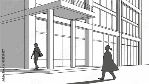 Figures Walking Past Modern Architectural Building in Urban City Setting