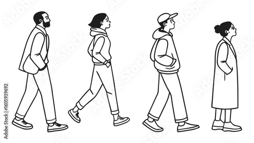 Group of Diverse Individuals Walking in a Line in Monochrome Illustration