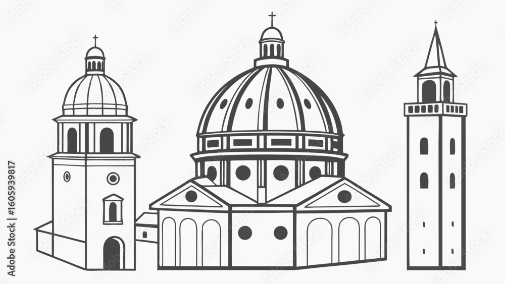 Intricate Architectural Sketch of Historic Domed Building and Tower Intricate Architectural Sketch of Historic Domed Building and Tower