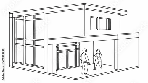 Modern Architectural Sketch of a Residential Building with Two People Outside