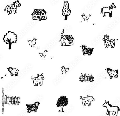 Children's Farm Animal Set - Back and White Doodle Clipart 