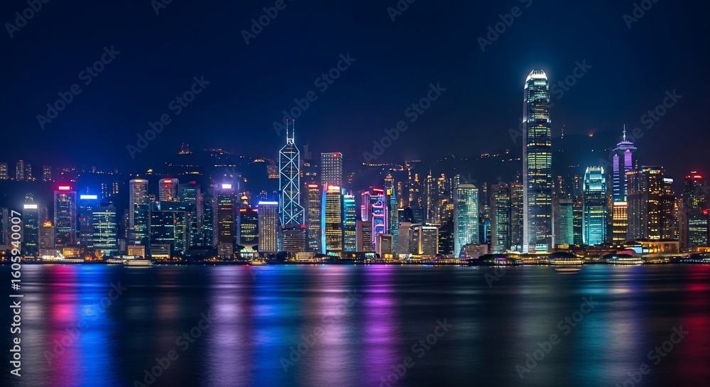 Fototapeta premium A vibrant nighttime panorama of a modern cityscape with illuminated skyscrapers reflecting colorful lights on the calm water below.
