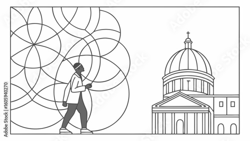 Stylized Illustration of a Pedestrian Walking Near an Architectural Landmark