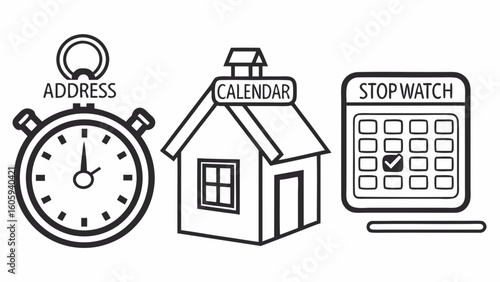 Time Management Tools Featuring Stopwatch, Calendar, House, and Address