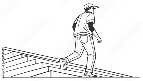 Young Man Walking Down Steps in Urban Setting with Casual Athletic Outfit