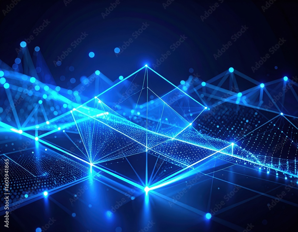 Obraz premium Futuristic Blue Network Abstract Data Connection with Glowing Nodes and Geometric Structures.