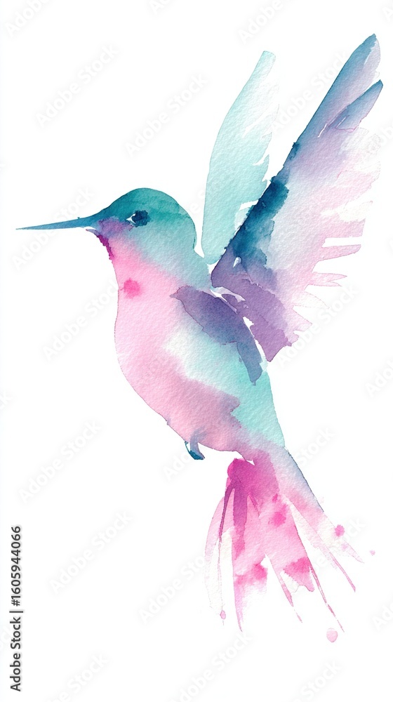 Obraz premium Delicate watercolor hummingbird flying with casual brushstrokes in soft pink and teal tones against an artistic floral background with blank space for text.