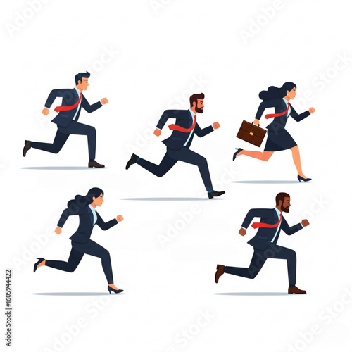 flat style of a four of diverse people in business attire running in a race