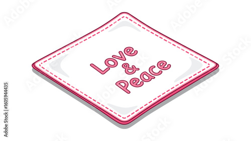 Love and Peace Icon Illustration on White Patchwork Fabric with Pink Accents