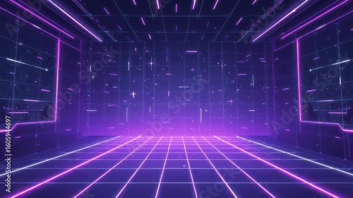 Illuminated grid lines create a futuristic space with an atmospheric glow, representing technology and virtual reality concepts with a cool toned backdrop