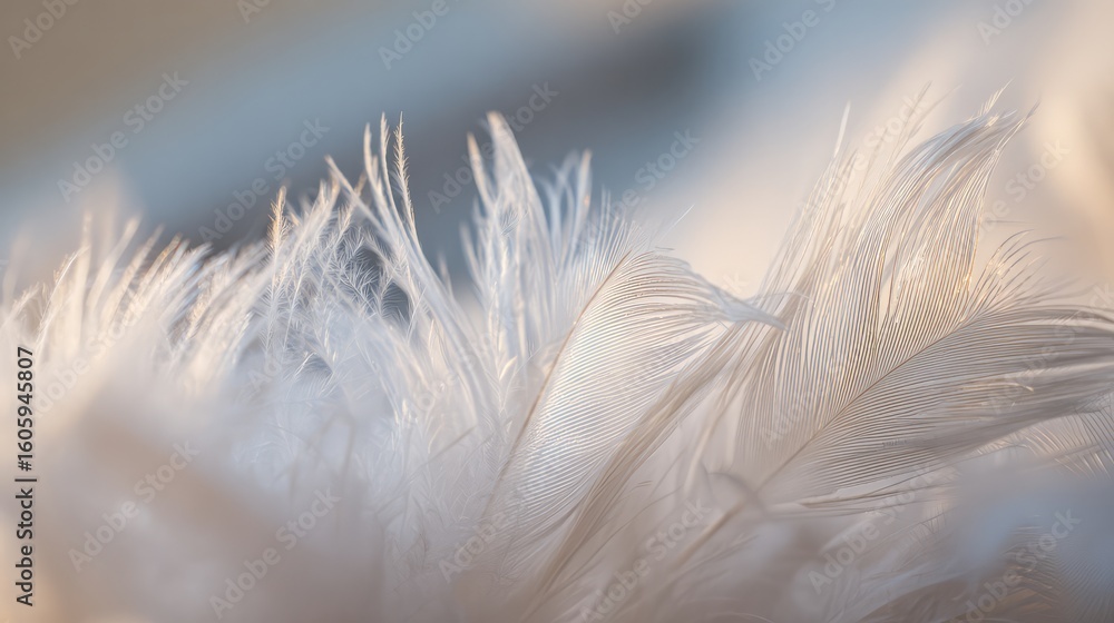 An intricate close-up of pristine white bird feathers arranged in an elegant pattern. An intricate close-up of pristine white bird feathers arranged in an elegant pattern.