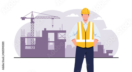 Construction Worker Standing Confidently in Front of Building Site Illustration.