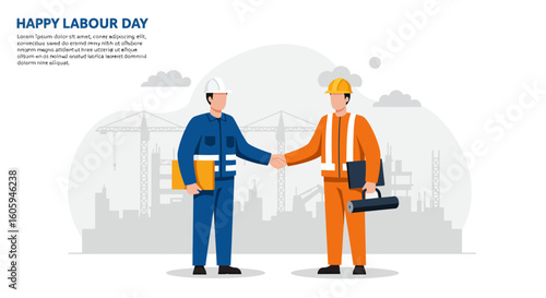 Labour Day Handshake: Construction Workers Celebrating Collaboration and Teamwork on Site.