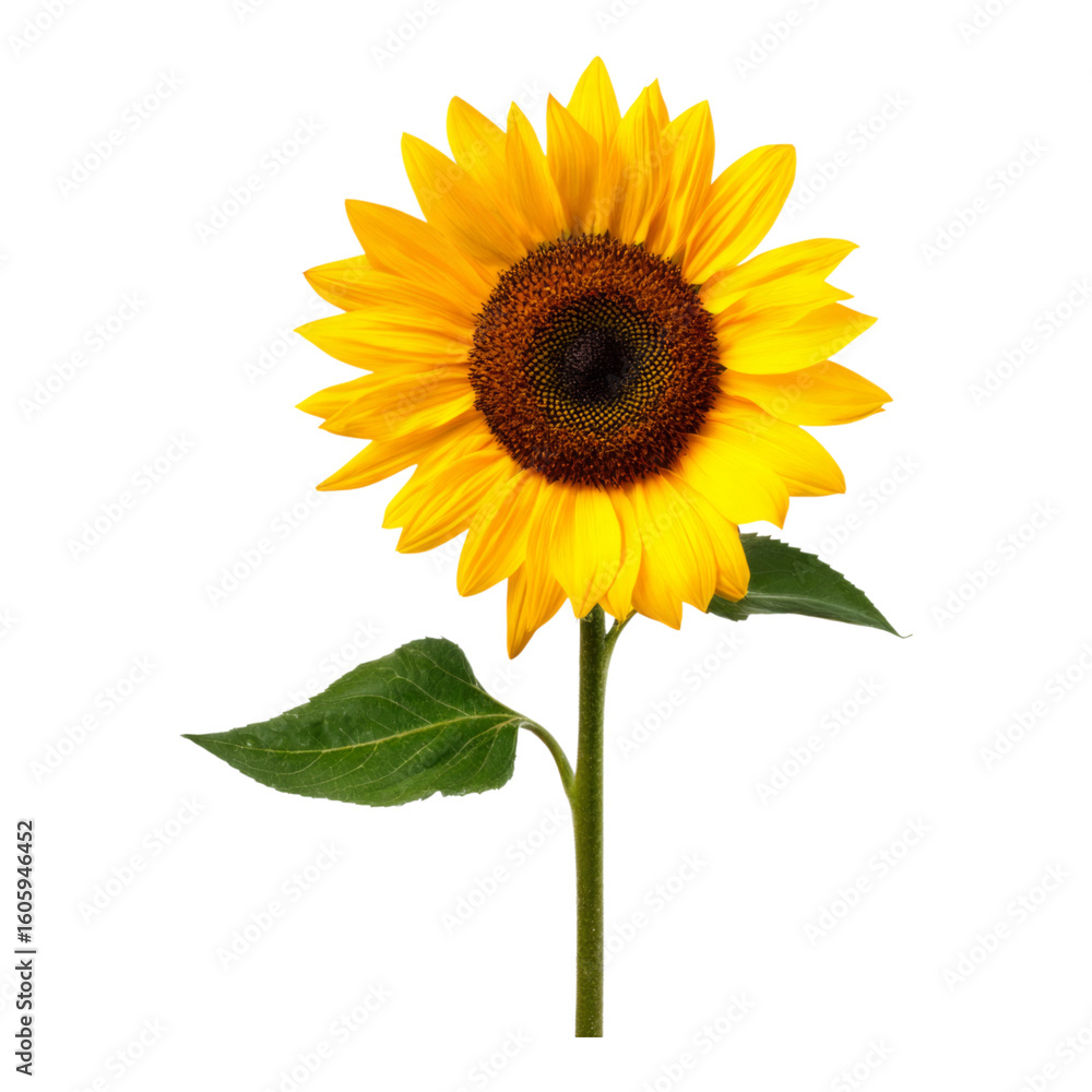 Obraz premium Bright Sunflower with Green Leaf on Transparent Background