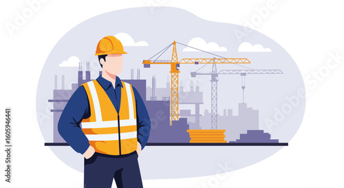 Construction Worker with Cranes and Buildings Vector Illustration Safety First.