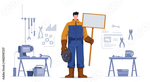 Welder Holding Sign in Workshop Tools and Equipment Illustration.
