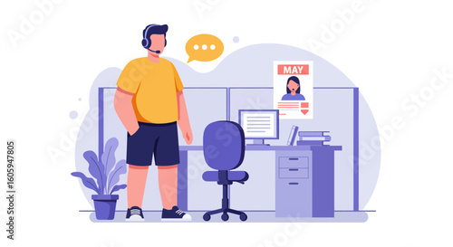 Customer Service Agent Awaits Call: Modern Flat Illustration.