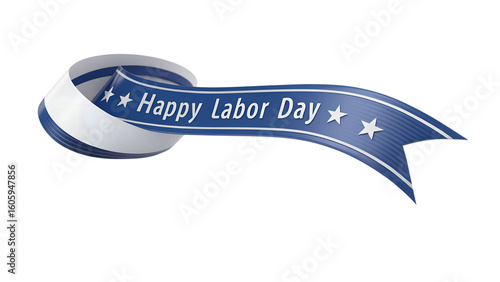 Blue ribbon with stars and happy labor day text isolated on transparent background