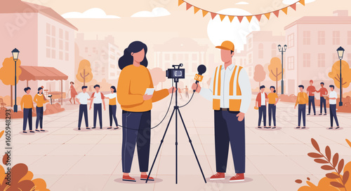 News Crew Interviewing in City Square: Vector Illustration of Reporting Event.