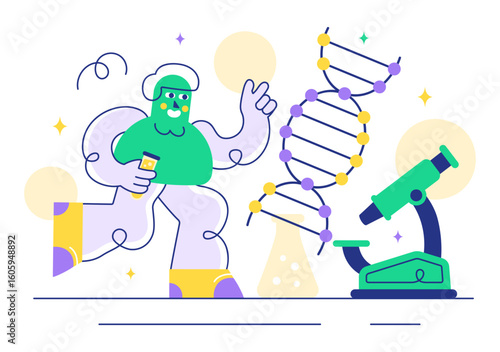 Genetics Vector Illustration featuring Science with DNA Molecule Structure, Research, and Experiment Scientists in a Technological Flat Background