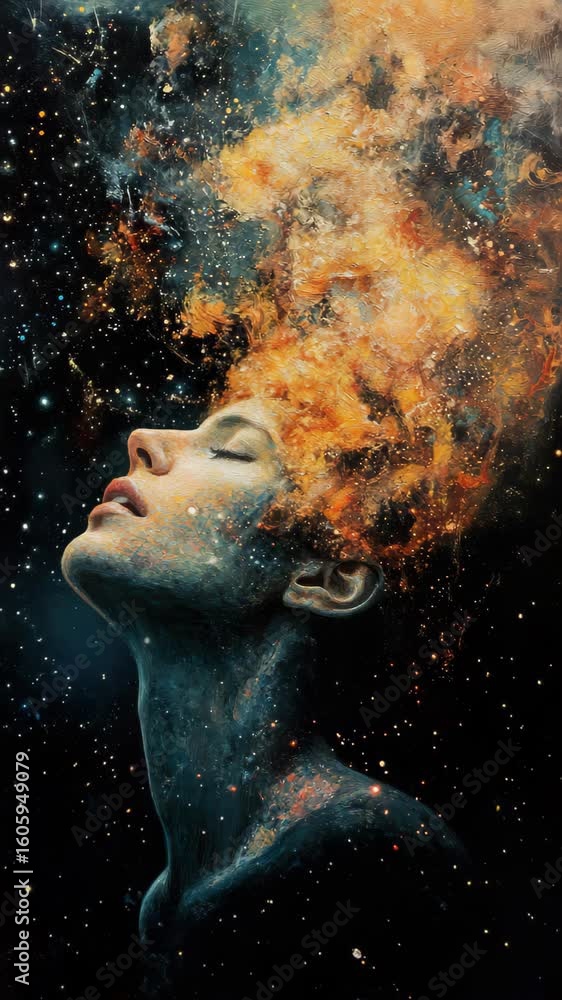 A painting of a woman 's face with a nebula in the background A painting of a woman 's face with a nebula in the background