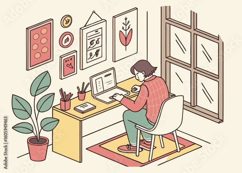 Freelance graphic designer vector showing creative professional using tablet and laptop in home office setup





