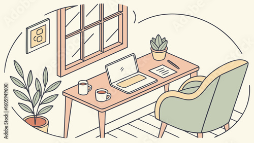 Flat vector illustration of a home office workspace with laptop, desk, coffee mug, houseplants, and a remote work setup.

