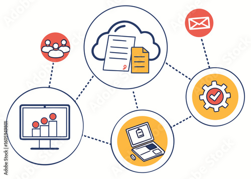 Flat vector illustration of remote project management with cloud storage, shared files, and digital productivity tools for team collaboration.


