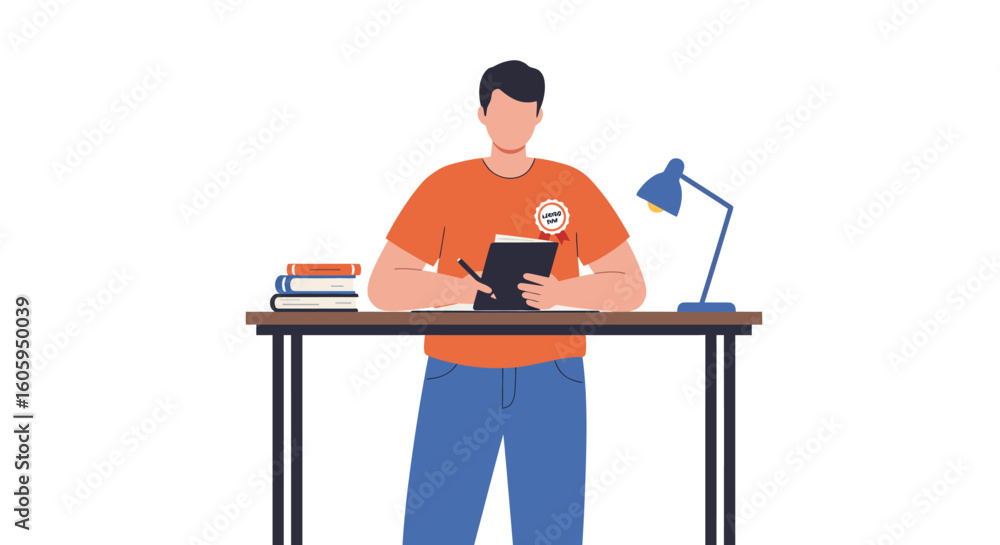 Fototapeta premium Labor Day Celebration: Man Writing in Notebook at Desk Flat Illustration.