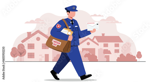 Labour Day Delivery: Mailman on Duty in a Suburban Neighborhood Illustration.