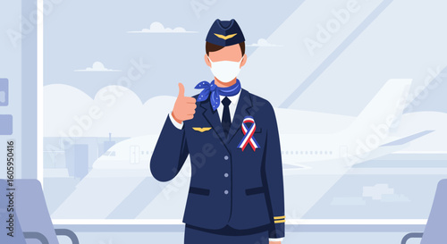 Masked Flight Attendant Thumbs Up at Airport with Ribbon of Support.