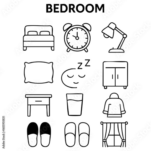 Minimalist bedroom item icon set including furniture, bed, and decor