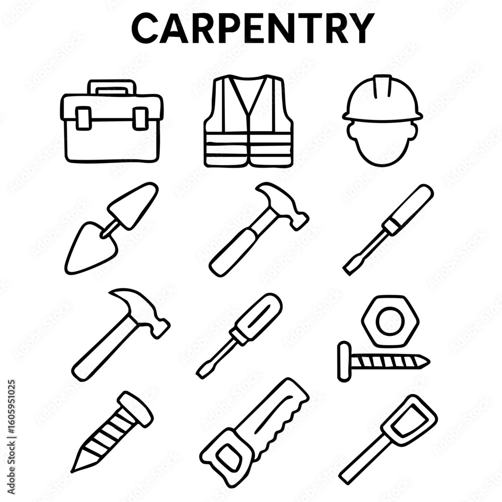 Fototapeta premium Line icon set of carpentry tools and construction elements