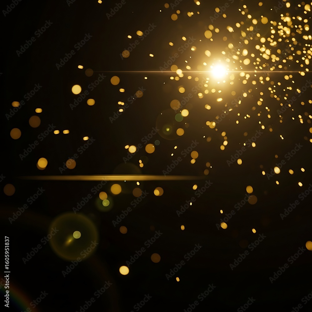 Obraz premium Golden sparks and lens flares against a dark background.
