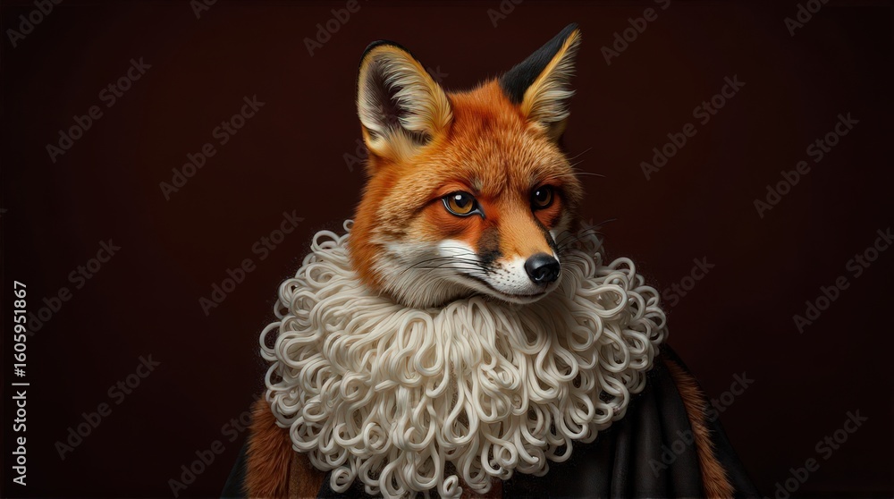 Fototapeta premium Elegant Fox with Curly Wool Collar and Classic Costume in Studio Setting