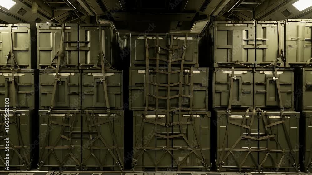 Container Mission Military cargo containers, lined up inside a transport aircraft for ...