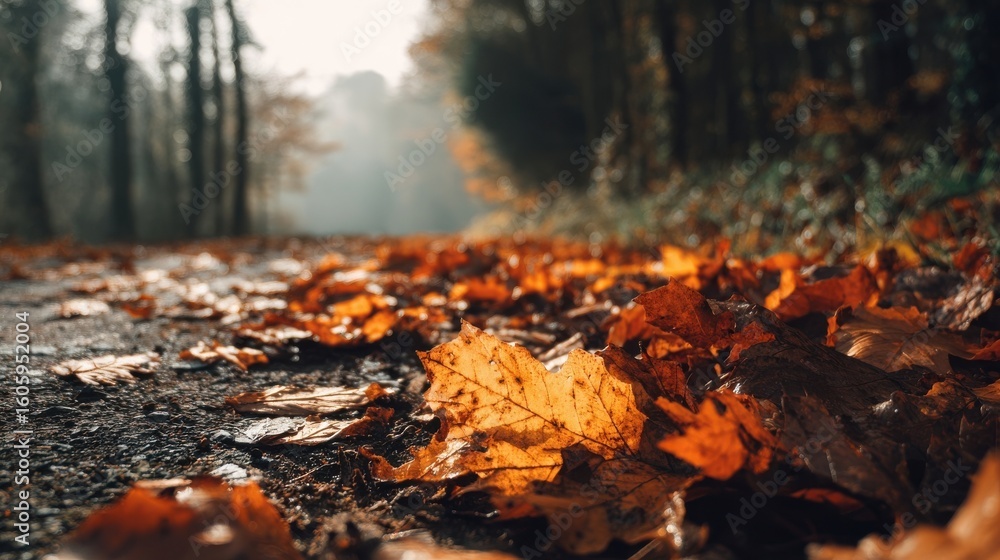 Obraz premium Autumn Leaves Scattered on a Forest Pathway