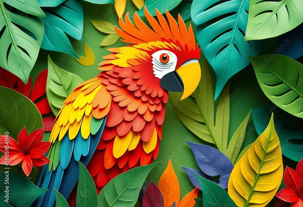 Fototapeta premium Vibrant paper-cut parrot amidst tropical leaves, intricate detail, animal, bright colors
