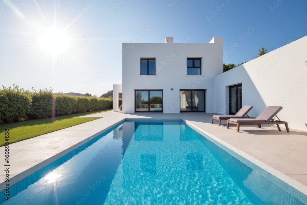 Fototapeta premium Modern white house with a pool and sun loungers.