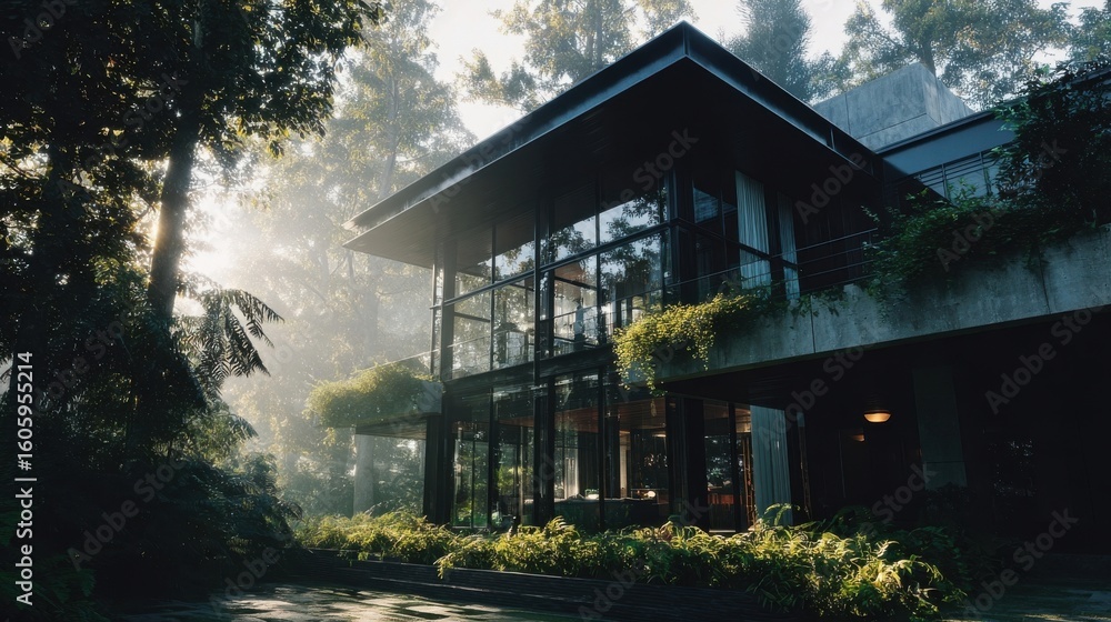 Fototapeta premium Modern Glass House Nestled in a Lush Forest with Morning Light