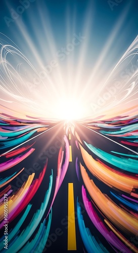 Colorful path leading to a bright light source.