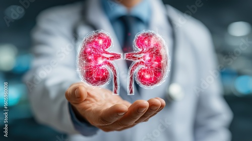 Medical Professional Presenting Illuminated Digital Kidney Illustration