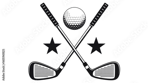 A black and white logo design featuring crossed golf clubs with a golf ball centered above them.