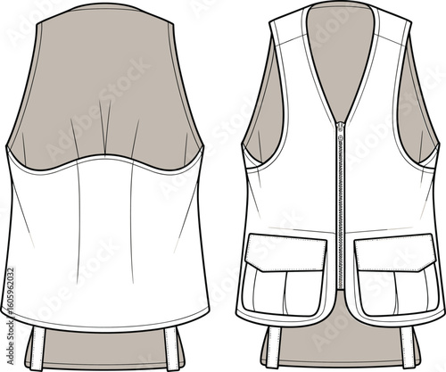 Fashion technical flat, front back vest design, utility pocket detail, zipper closure, vector sketch, cad illustration, sleeveless apparel mockup