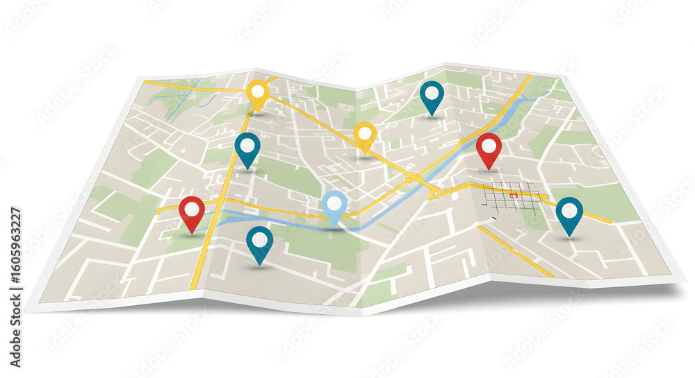 Fototapeta premium Folded Street Map with Location Pins