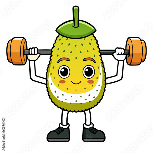 Vector Cute cartoon jackfruit doing weight lifting