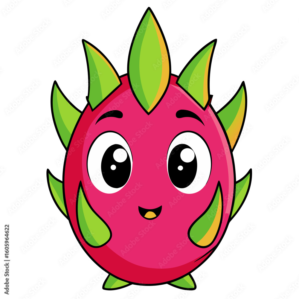 Obraz premium Cute cartoon dragon fruit with colorful spikes and funny face