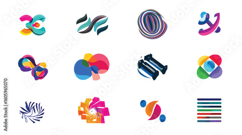 Collection of abstract colorful geometric shapes and icons.