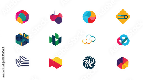 Collection of abstract geometric shapes and icons in various colors.